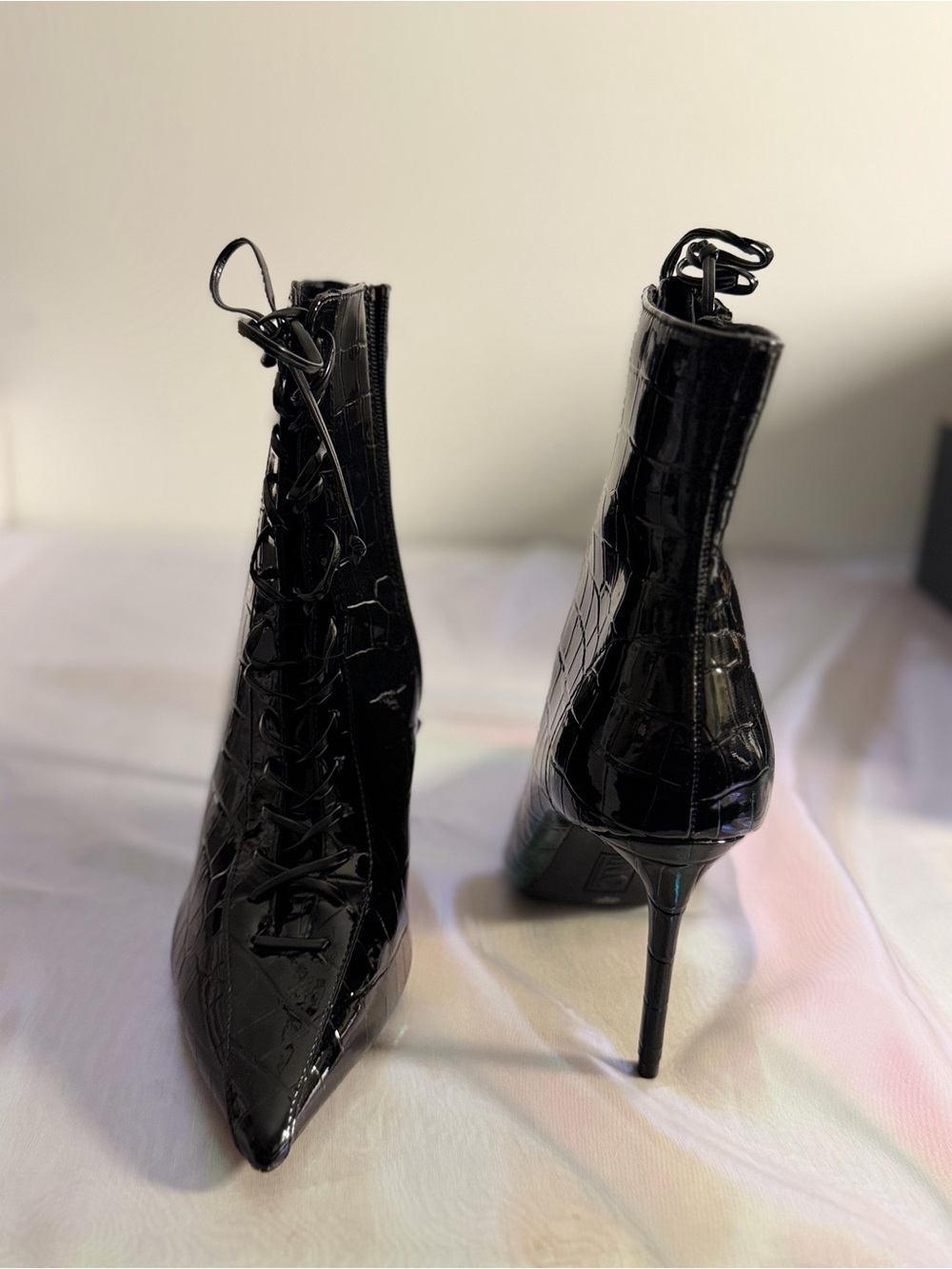 INC International Concepts Black Patent Croc Lace-Up Stiletto Ankle Boots